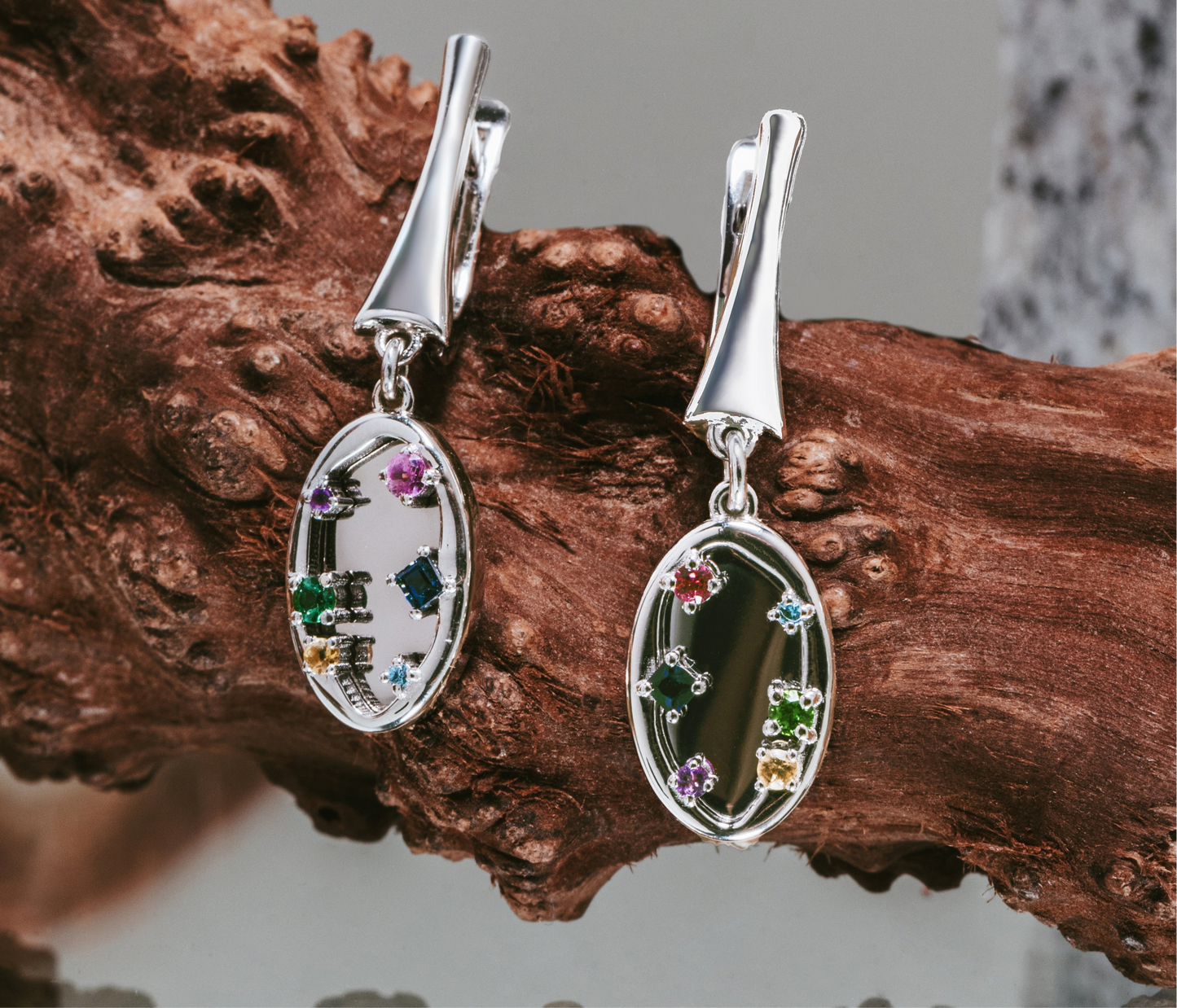 Boucles d'oreilles miroir, pierres précieuses colorées